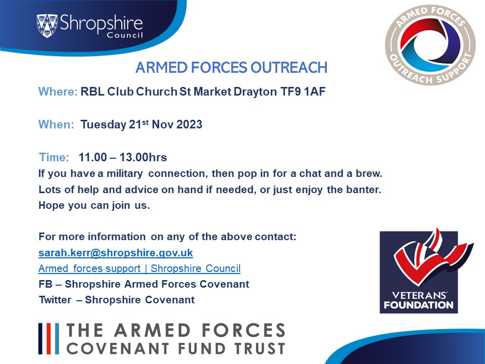 Join us for the monthly outreach at Market Drayton tomorrow 21st Nov. We will be at the RBL Club from 11.00 - 13.00, pop in for a brew and some banter. Help and support on hand too. Hope you can join us. @111005360519100 @asdicorg @veteransfoundation