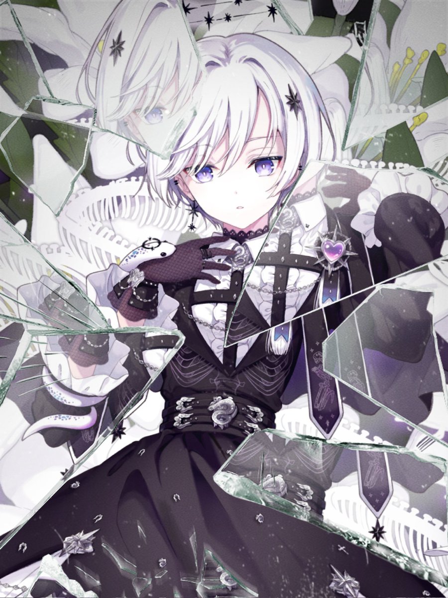 purple eyes gloves white hair jewelry short hair earrings lace gloves  illustration images