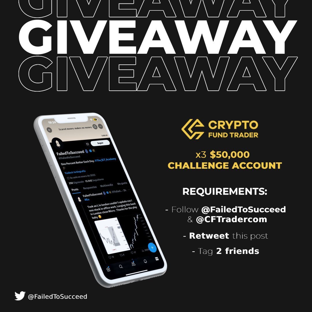 🚨GIVEAWAY ALERT🚨

3x50,000$ challenge accounts from <a href="/CFTradercom/">Crypto Fund Trader</a> 

You know what to do…

- follow @FailedtoSucceed <a href="/CFTradercom/">Crypto Fund Trader</a> &amp; @ARcapital03 

- Like/RT &amp; comment #CFT

- Join their discord.gg/kpsm36AG

LFG 🚀🚀🚀