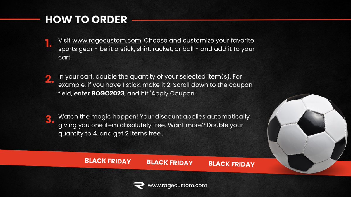 RAGECustom's tweet image. 🚀 Our #BlackFriday BOGO Sale is live! 

Buy one custom sports product at RAGE Custom and get the second FREE!

Best chance to own or gift custom sports gear that stands out.

See images for Coupon Code &amp;amp; Ordering details. 

Shop now: ragecustom.com

Offer ends Nov 24!