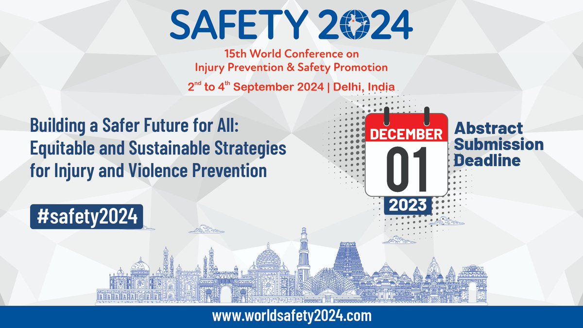 🇮🇳 INDIA CALLING 🇮🇳 📢📢#Abstractsubmission deadline approaching for #Safety2024 Submit your abstracts today and grab your place to present your #Research at this 🌏platform #Injury prevention #Safety promotion #RoadSafety #Drowning #Violence #Falls 🔗bit.ly/3KfZjiS