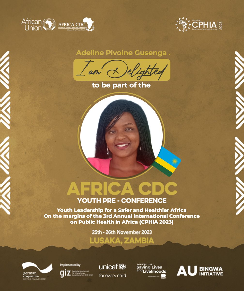 Pivoine Adeline Gusenga is my name, I am from Rwanda. I'm happy to be attending the @AfricaCDC Youth Pre-Conference - #YPC2023 happening in Lusaka, Zambia this November.

I hope to contribute to the advancement of Public Health in Africa. 
#YouthLeadershipInHealth