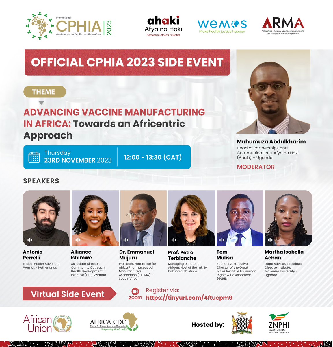 How do we ensure that regional production of health products meets the needs and demands of Africa?
 
Join <a href="/afyanahakiug/">Afya na Haki</a> and <a href="/Wemos/">Darwin☃️</a> for a #CPHIA2023 virtual side event to discuss this important topic.

📆 Thursday 23 Nov, 12:00-13:30 CAT
✍️ Register via us06web.zoom.us/meeting/regist…