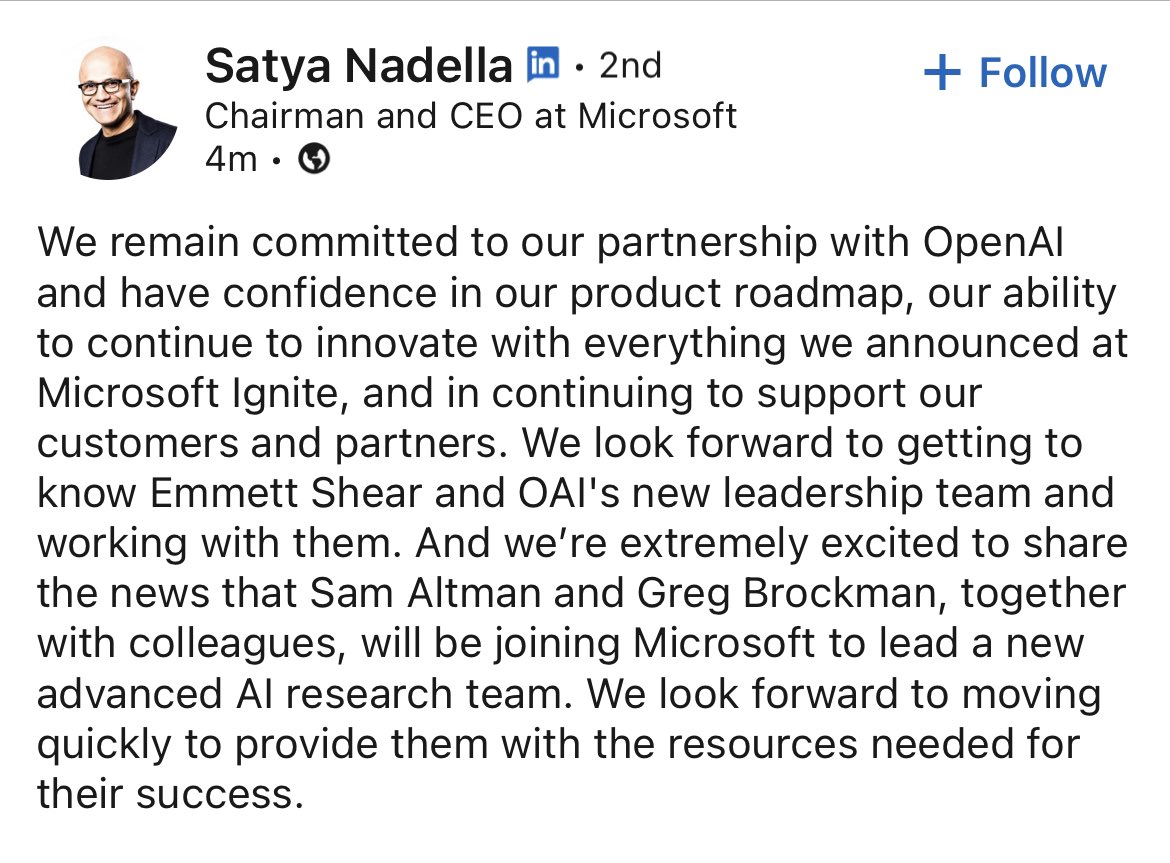 🚨🚨🚨 Satya Nadella on LinkedIn: Sam Altman and Greg Brockman will be joining Microsoft