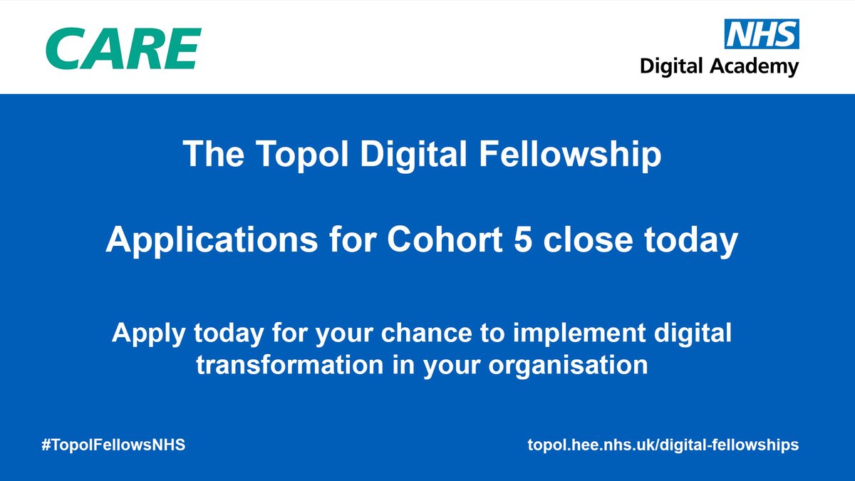 Cohort 5 applications for the Topol Digital Fellowship close today! Apply now to have the chance to design and deliver a digital health project in your own organisation. For full eligibility criteria, visit👉 orlo.uk/V1czY #TopolFellows #SocialCare @WessexAHSN