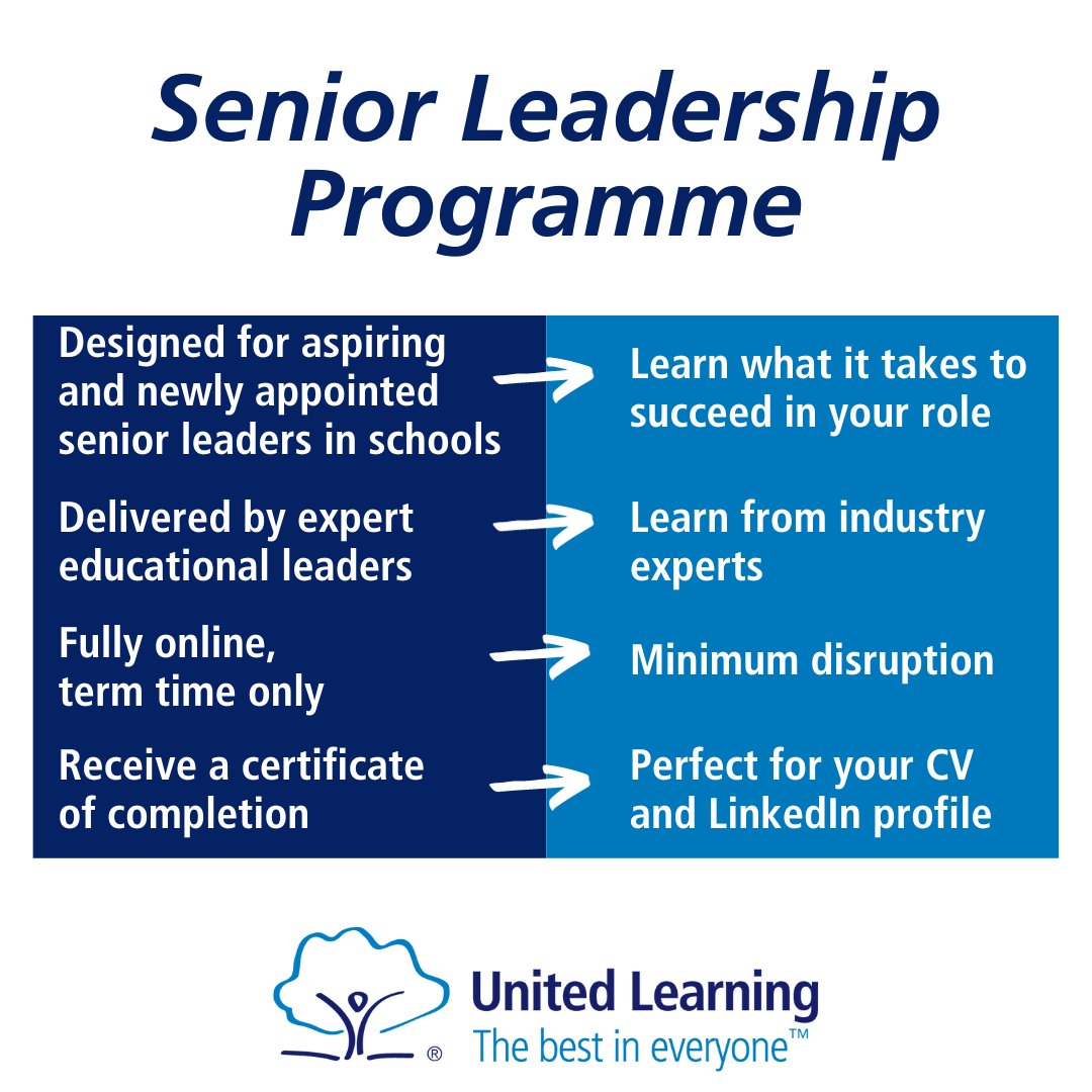 Our Senior Leadership Programme takes you from good to great 📈 An online course designed for leaders in education, we’ve rounded up what’s in it for you. The best part? It’s completely free! Submit your application today: ow.ly/T2o650Q8FZs
