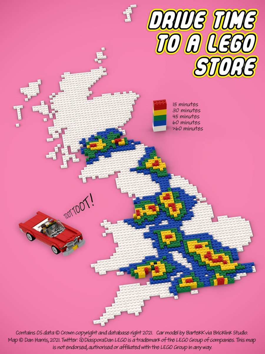#MapMonday On this day in 2021, the #30DayMapChallenge theme was #movement. <a href="/DiasporaDan/">Dan Harris</a> chose to map drive times to <a href="/LEGO_Group/">LEGO</a> stores in the UK in this fab and funky map. This year, the theme for the day is 'Outdoors' - what have you created?