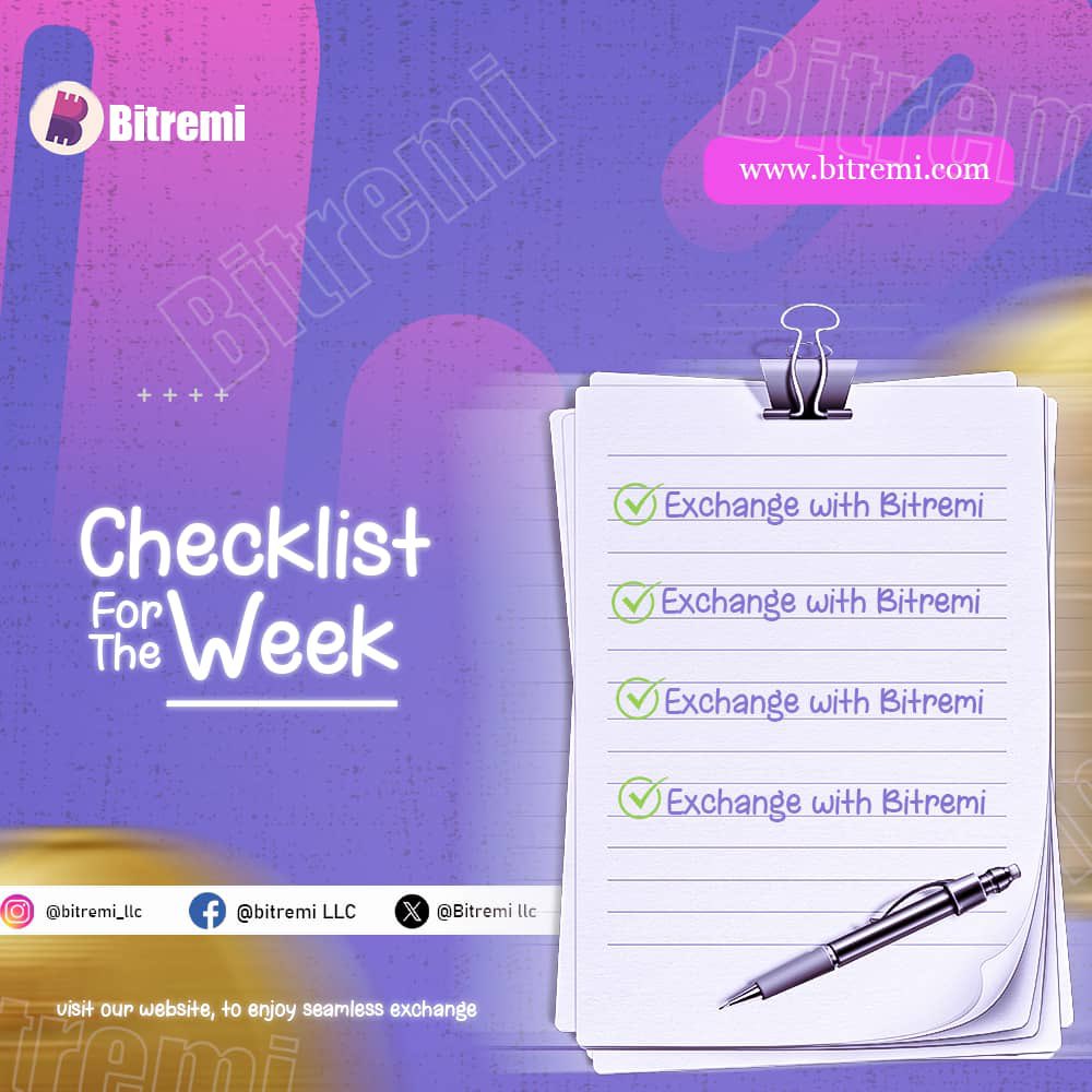 Transform your week with ease using Bitremi's seamless exchange! Experience the best rates and get credited instantly for your money's true value. 💸✨ 

#checklist #exchange #newweek #upcominglaunch #seamless #hasslefree #explorepage #explore