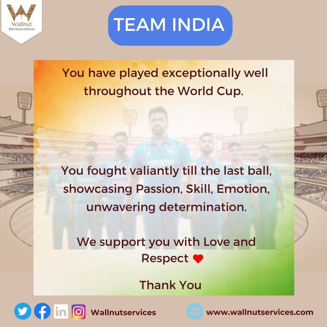 WallnutServices's tweet photo. Team India
We stand with You

@Indiancricketteam @ImRo45 @BCCI
 
#TeamIndia #Worldcupfinal2023  #CricketWorldCup #realestate #Mumbai #IndianCricketTeam #INDvsAUS #Indian #MenInBlue https://t.co/htRko0MooJ