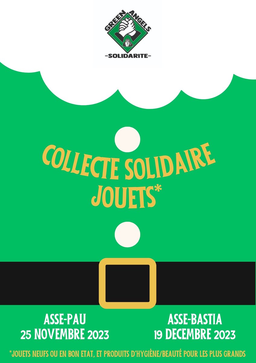 GreenSolidarite's tweet photo. 🎁🎄🧸

Les fêtes approchent, nous organisons deux collectes de jouets. Devant le Kop Sud : 

👉 @ASSEofficiel / Pau le 25 novembre
👉 @ASSEofficiel / Bastia le 19 décembre https://t.co/ADQ07Ibt34