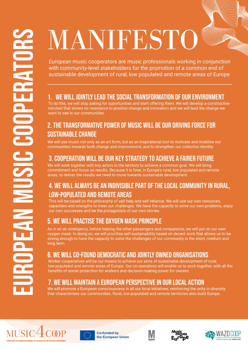 📜🇪🇺🎵🤝 #EuropeanMusicCooperators Manifesto
Launched in Spain as part of the #Music4Coop Fest is a consolidation of this new professional role in #music based in #SocialEconomy and #RuralDevelopment
👉 Read the Manifesto here music4coop.eu/european-music…