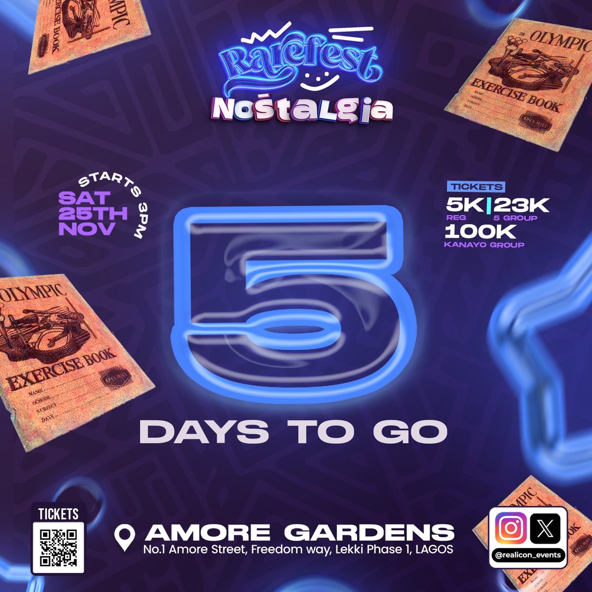RealiconEvents's tweet photo. 5 days to Go!
Have you gotten your tickets yet?
DARE TO BE RARE!
Get your early birds tickets from https://t.co/47q1E3OJss
#rarefest #nostalgia #rarefestinlagos #lagosevents #amoregardens #eventsinlagos https://t.co/iikCg8LMN8
