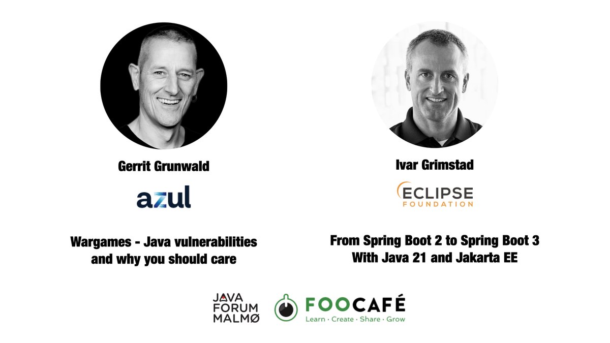 Ivar Grimstad (@ivar_grimstad) on Twitter photo The next <a href="/javaforum/">Javaforum Malmö</a> is happening in only a couple of days. Join <a href="/hansolo_/">Gerrit Grunwald 🇺🇦🇹🇼✌🏻</a> and me at <a href="/_FooCafe_/">Foo Café</a> on Wednesday for pizza, drinks, great discussions, and amazing talks!
meetup.com/javaforum-malm…
#JakartaEE #Javaforum #Community #Java #azul #EclipseFoundation The next <a href="/javaforum/">Javaforum Malmö</a> is happening in only a couple of days. Join <a href="/hansolo_/">Gerrit Grunwald 🇺🇦🇹🇼✌🏻</a> and me at <a href="/_FooCafe_/">Foo Café</a> on Wednesday for pizza, drinks, great discussions, and amazing talks!
meetup.com/javaforum-malm…
#JakartaEE #Javaforum #Community #Java #azul #EclipseFoundation