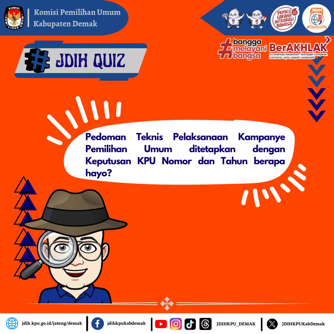 JDIHKPUKabDemak's tweet photo. Hai sobat jdih
Kali ini Ko min mau kasih jawaban JDIH QUIZ yang Ko min unggah kemarin ya.
Jawabannya adalah Keputusan Komisi Pemilihan Umum Nomor 1621 Tahun 2023 tentang Pedoman Teknis Pelaksanaan Kampanye Pemilihan Umum. https://t.co/jGkYec7Gx8