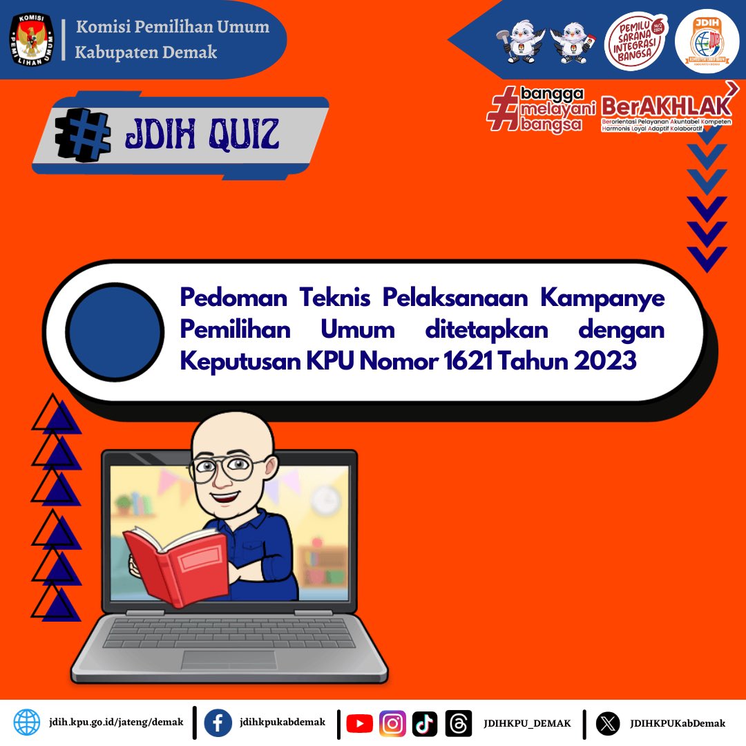 JDIHKPUKabDemak's tweet photo. Hai sobat jdih
Kali ini Ko min mau kasih jawaban JDIH QUIZ yang Ko min unggah kemarin ya.
Jawabannya adalah Keputusan Komisi Pemilihan Umum Nomor 1621 Tahun 2023 tentang Pedoman Teknis Pelaksanaan Kampanye Pemilihan Umum. https://t.co/jGkYec7Gx8