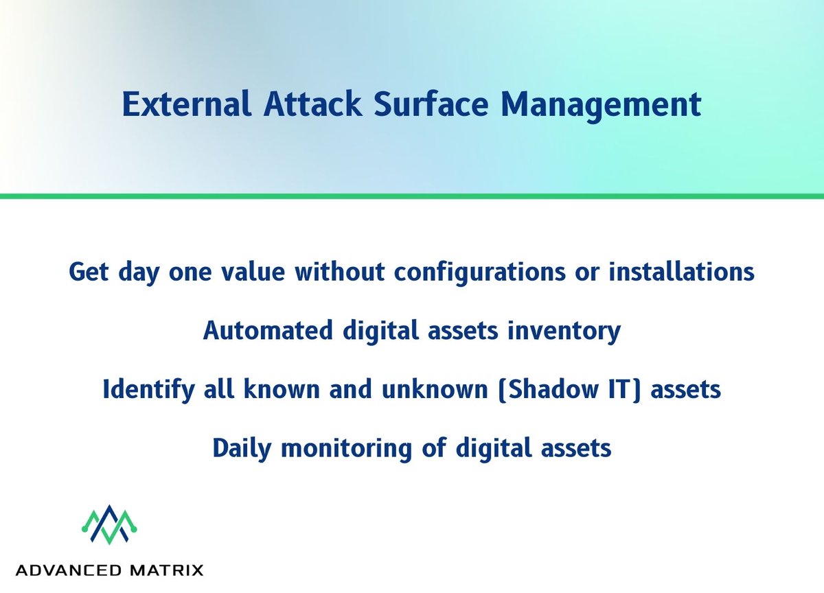 AdvancedMatrix_'s tweet image. We can help you protect your digital assets with our EXTERNAL ATTACK SURFACE MANAGEMENT

For more info contact us: +966138821464
#cybersecurity #management #saudiarabia #saudi #cyber #infosec
