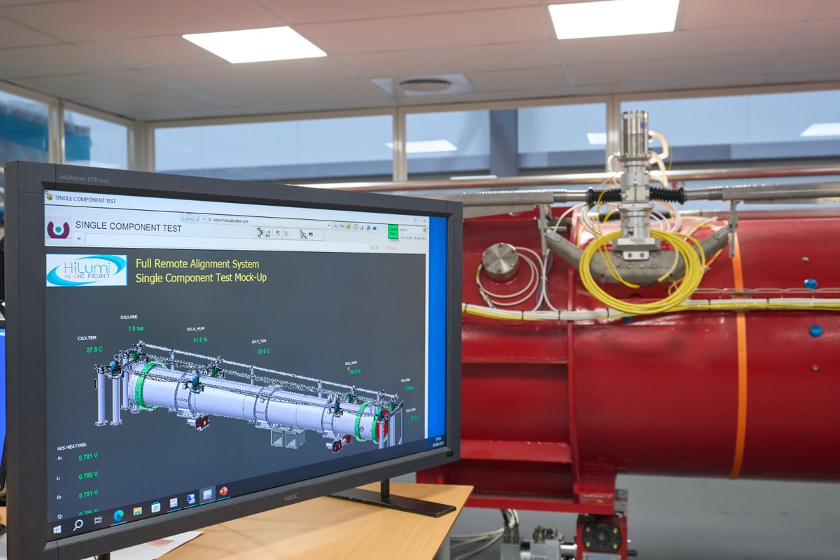 CERN's tweet photo. Here we see a mock-up of the Single Component Test and the Full Remote Alignment System (FRAS) presented to the members of the #HiLumi Project.

The FRAS comprises almost one thousand sensors distributed along the 200 metres of the new magnets that are installed on either side of the @ATLASexperiment and @CMSexperiment detectors. This mock-up has been put in place to validate all the FRAS hardware and software solutions before the Inner-Triplet String Test.

Find out more about the FRAS : https://t.co/vH2ETWANnH