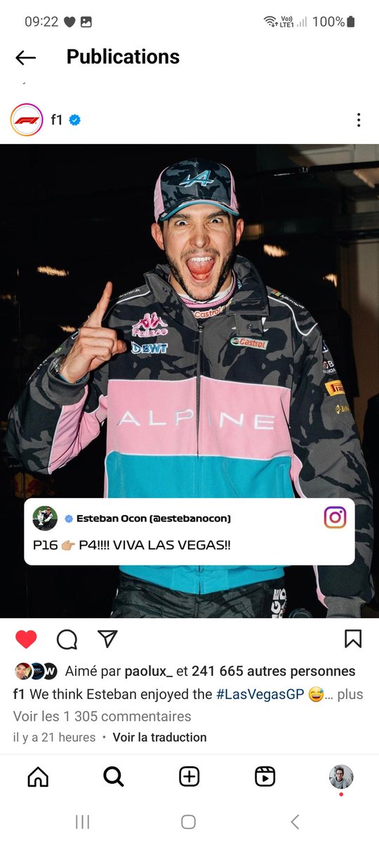 Mastaf1's tweet photo. Voici ce qu'on lit sur Insta sur le compte officiel F1 en réponse à la quatrième place d'Ocon.

Je. Ne. Comprend. Pas. #LasVegasGP https://t.co/oRE3voY6Yn