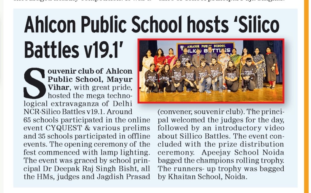 PublicAhlcon's tweet photo. Ahlcon Tech fest Silico Battles  published in Times NIE...
@ashokkp @Ahlconpublic1 @MamthaSays  @aarathik007  
@seemasoniaps @GanguliKuhu https://t.co/oOwBwVs3B2