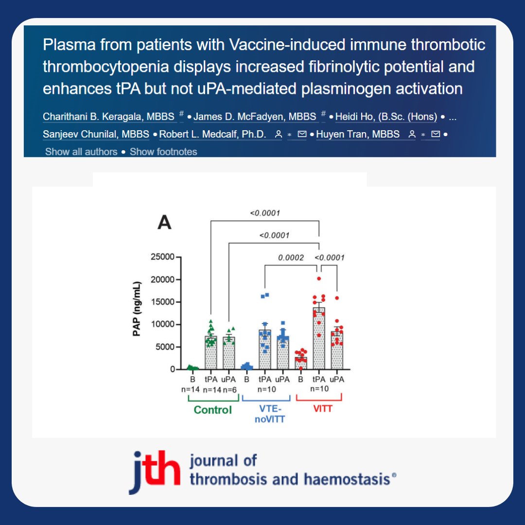 JTH (@jthjournal) on Twitter photo Plasma from patients with #Vaccine induced immune thrombotic thrombocytopenia #VITT ▶️📈 fibrinolytic potential and enhanced tPA-mediated plasminogen activation. #covid19 #covidvaccine
jthjournal.org/article/S1538-…
<a href="/CKeragala/">Cherry Keragala</a> <a href="/MedcalfRobert/">Robert Medcalf</a> <a href="/ACBDresearch/">ACBD</a> <a href="/THANZBlood/">THANZ</a> Plasma from patients with #Vaccine induced immune thrombotic thrombocytopenia #VITT ▶️📈 fibrinolytic potential and enhanced tPA-mediated plasminogen activation. #covid19 #covidvaccine
jthjournal.org/article/S1538-…
<a href="/CKeragala/">Cherry Keragala</a> <a href="/MedcalfRobert/">Robert Medcalf</a> <a href="/ACBDresearch/">ACBD</a> <a href="/THANZBlood/">THANZ</a>