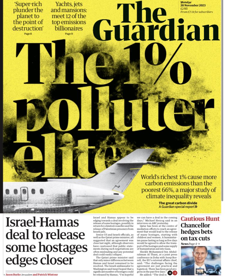 Our front page today from the amazing <a href="/guardianeco/">Guardian Environment</a> team who’ve uncovered the most polluting elites and their carbon belching lifestyles