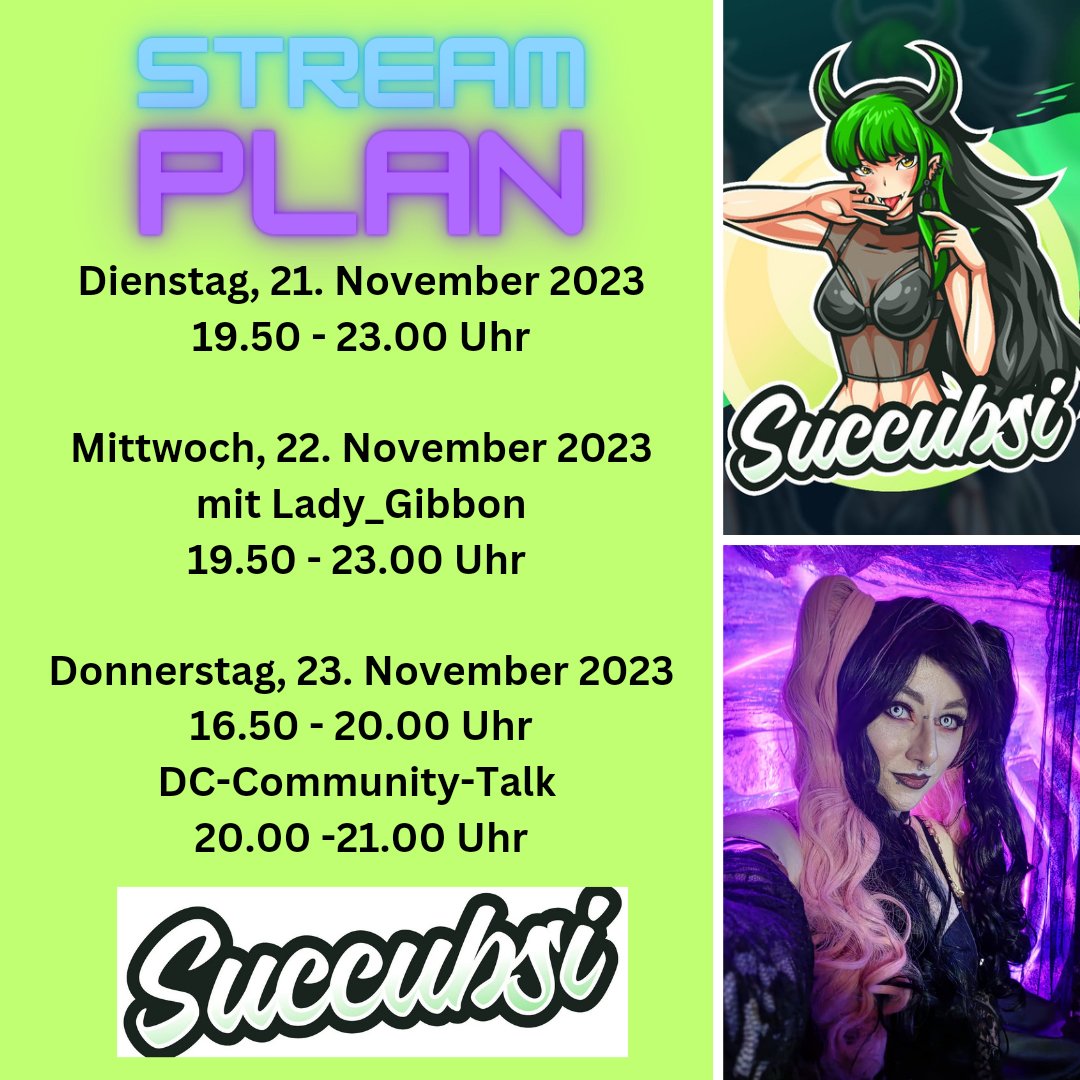 xSuccubsi's tweet photo. 💚🖤💚Der aktuelle Streamplan ist da💚🖤💚
#Succubsi #Twitch #TwitchStreamer #Cosplay #cosplayer #cosplayergirl #gamergirl #gaming #TwitchStreaming #TwitchGirl #Cosplaying #CosplayGamer #CosplayGamerGirl #GreenHair #Cute #Funny #Cutevember https://t.co/30NJ8y44Km