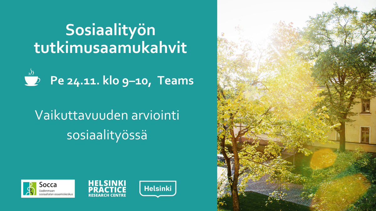 Sosiaalialan ammattilainen: Tervetuloa sosiaalityön tutkimusaamukahveille pe 24.11. klo 9-10!

Aiheena on vaikuttavuuden arviointi sosiaalityössä. Alustuksen aiheesta pitää Helsingin yliopiston tutkijatohtori Elina Aaltio.

Osallistumislinkki: lnkd.in/d88zJ-Nf
#sosiaalityö