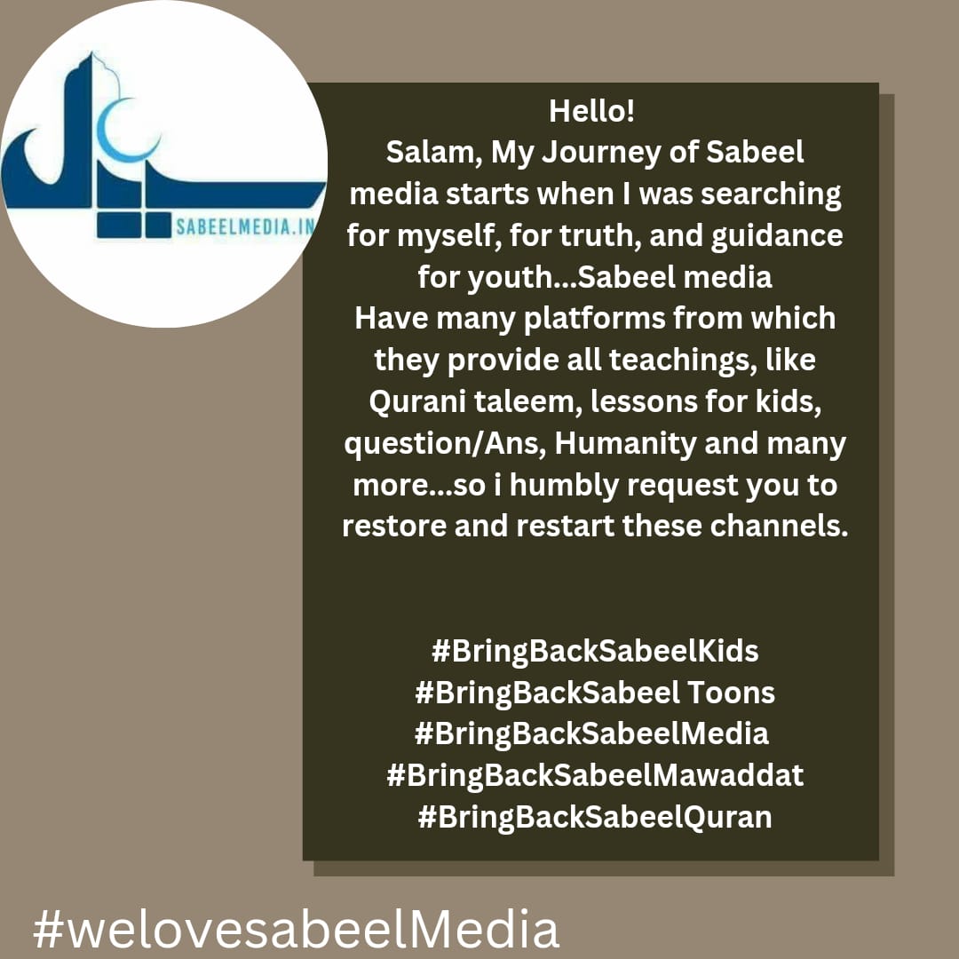 alikumail18's tweet photo. Dear @YouTubeIndia @sundarpichai @TeamYouTube restore these channels on YouTube.
@MediaSabeel
#BringBackSabeelMedia 
#bringbacksabeeltoons
#bringbacksabeelkids https://t.co/vHlitkGMcI