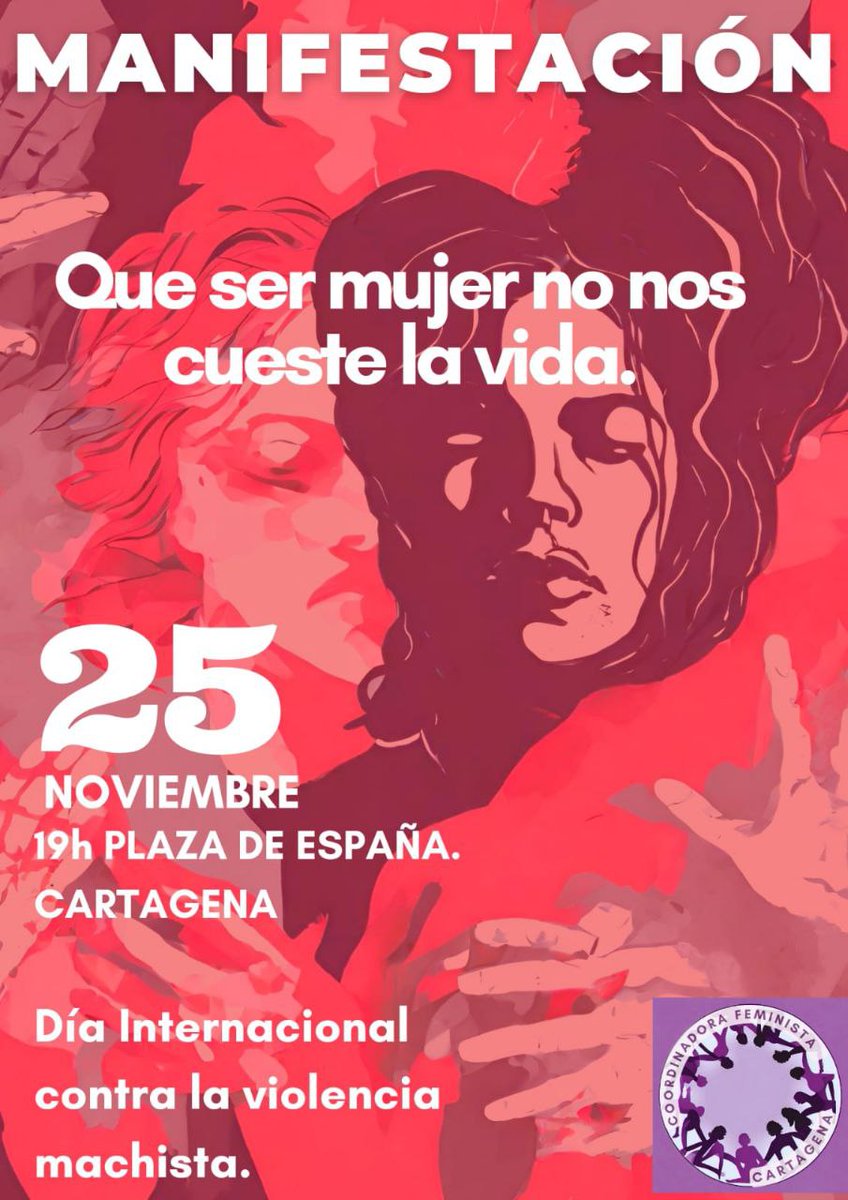 Programa de <a href="/CCOORM/">CCOO Región Murcia</a> para la semana de la eliminación de la violencia contra las mujeres.
Comenzamos el  viernes 17 con la "Jornada contra las violencias machistas, CCOO ACTÚA" y finaliza con las manifestaciones del Sábado 25N en Murcia y Cartagena.