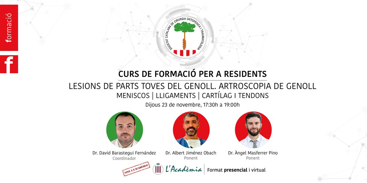 🚨Curs de formació de l'SCCOT per a residents

⚕️Lesions de parts toves del genoll. Artroscopia de genoll.
👨‍⚕️Dr. David Barastegui, Dr. Albert Jiménez, Dr. Àngel Masferrer
🗓️Dijous, 23 de novembre
🕠De 17:30h a 19:00h a l'Acadèmia de les Ciències Mèdiques

#SCCOT #Residents