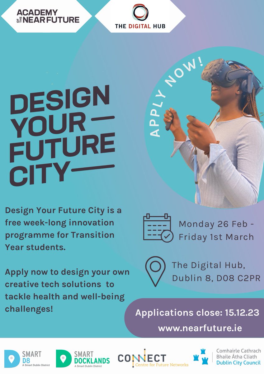 ICYMI: Calling all Transition Year students. 'Design Your Future City' is a free week-long programme for TY students offered by @nearfuture_ie. The programme explores how #technology can support people to tackle #health and #wellbeing #challenges. rb.gy/iakrt