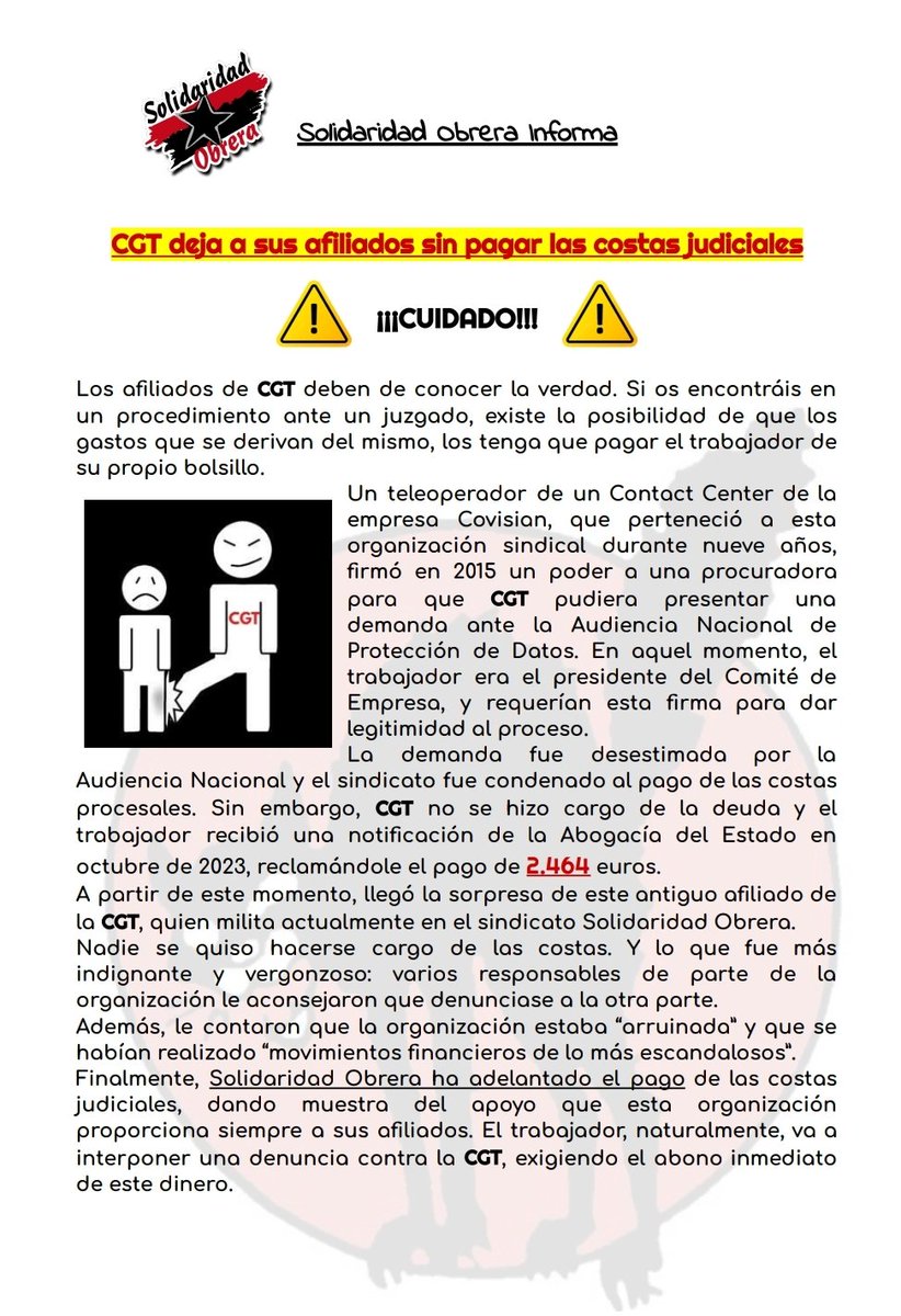 SoliObrera's tweet photo. Dejar tirados a lxs afiliadxs que dieron la cara por el sindicato, una vergüenza para un sindicato que se denomina anarcosindicalista
#VerguenzaCGT 
@CGT @ElSaltoDiario @La_Directa @kaosenlarednet @LaHaineInfo @cgtzonasur @CanalRed_TV https://t.co/W4fVyo7tOU
