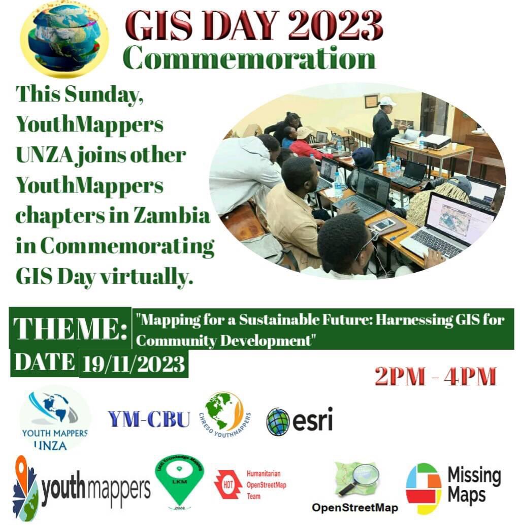 We are happy as the YouthMappers Community in Zambia to have had joined the Global network of Geospatial enthusiasts and Professionals in commemorating the GIS Day!🎉amazing appreciation to <a href="/CharleChilufya/">Charles Chilufya</a> <a href="/Erick_tambah/">ericktamba</a> <a href="/chombachisha2/">chomba chisha</a> <a href="/Aku_Sedodo/">Confidence Kpodo</a> <a href="/chabotaM4/">Chabota Munachoonga</a> <a href="/PriscoviaNg/">Priscovia Ng'ambi</a>