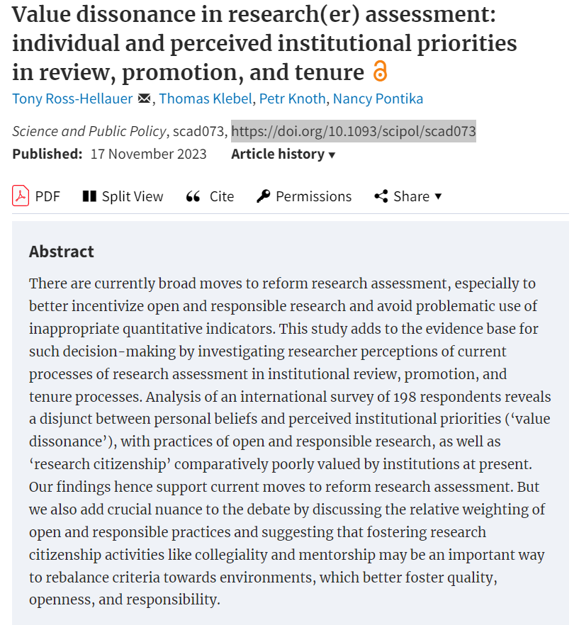 NEW! Based on survey data, we find a disjunct (‘value dissonance’) between researchers' personal beliefs and perceived institutional priorities regarding what should matter in review, promotion and tenure. doi.org/10.1093/scipol… #openscience