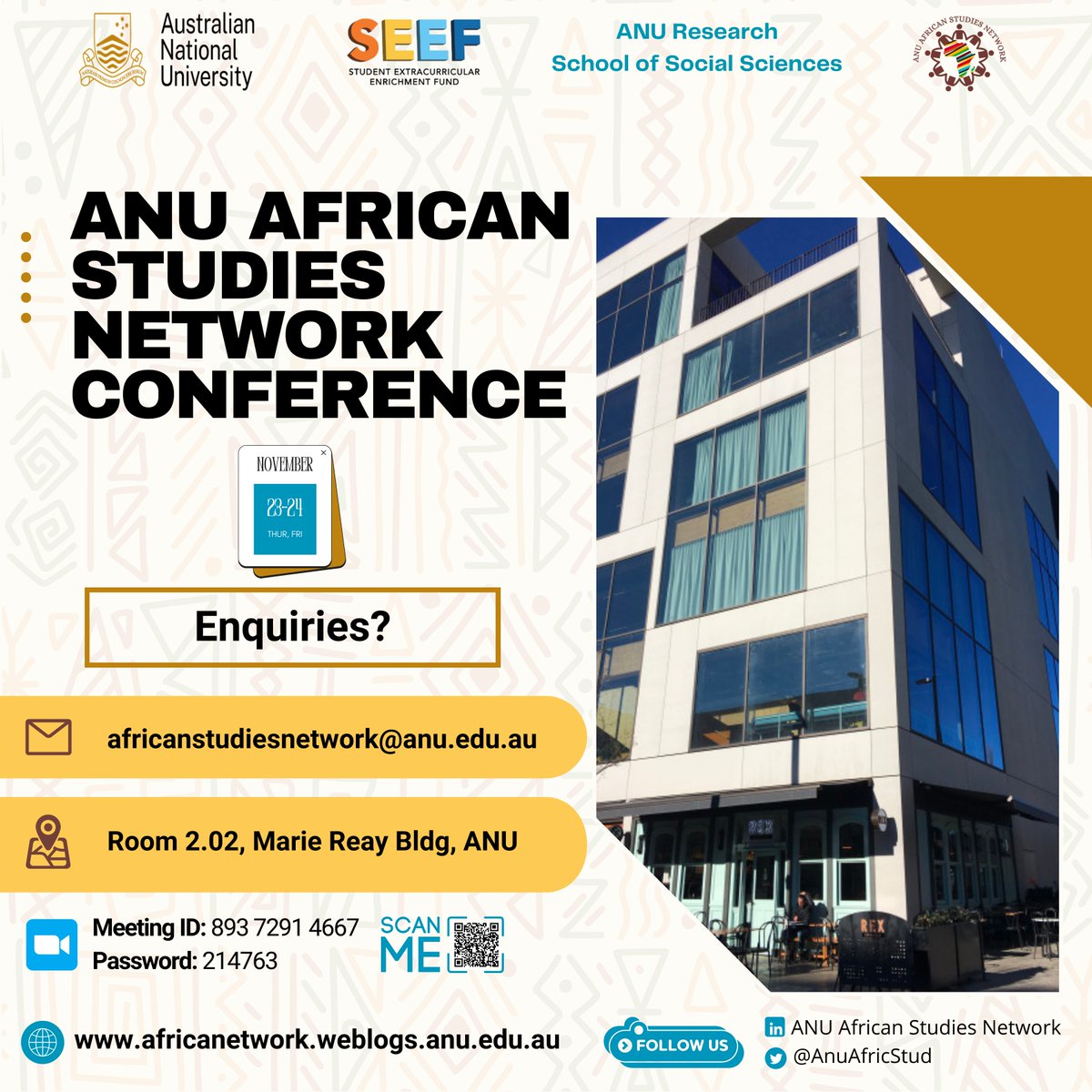 In just two days, the highly anticipated ANU African Studies Network Conference will commence. 

You have the option to join in person at the Marie Reay Building Room 2.02 on the ANU campus, or virtually via Zoom.

See you soon!

#ANU #AfricanStudiesNetwork #2023Conference
👇🏿👇🏿