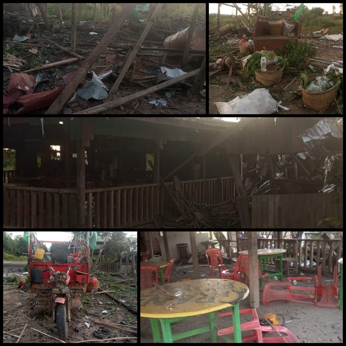 NantEiThandar's tweet photo. Junta fighter jet dropped the 6 bombs onto the SawMawChaung place located at the fork of Nabar,#Inndaw Twp,#Sagaing at 14:30 hrs,Nov19, killing one, injuring one and destroying the houses. KTM #WarCrimesOfJunta #2023Nov20Coup #WhatsHappeningInMyanmar https://t.co/Au2CC7S7r6
