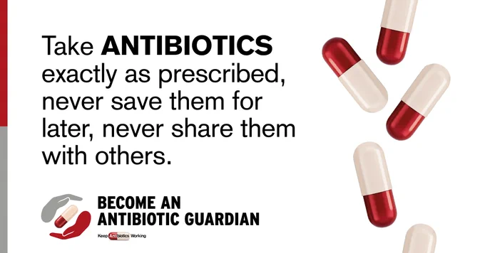Text reads, 'Take antibiotics as prescribed, never save them for later, never share them with others'. Accompanying the text are pictures of little red and white pills.
