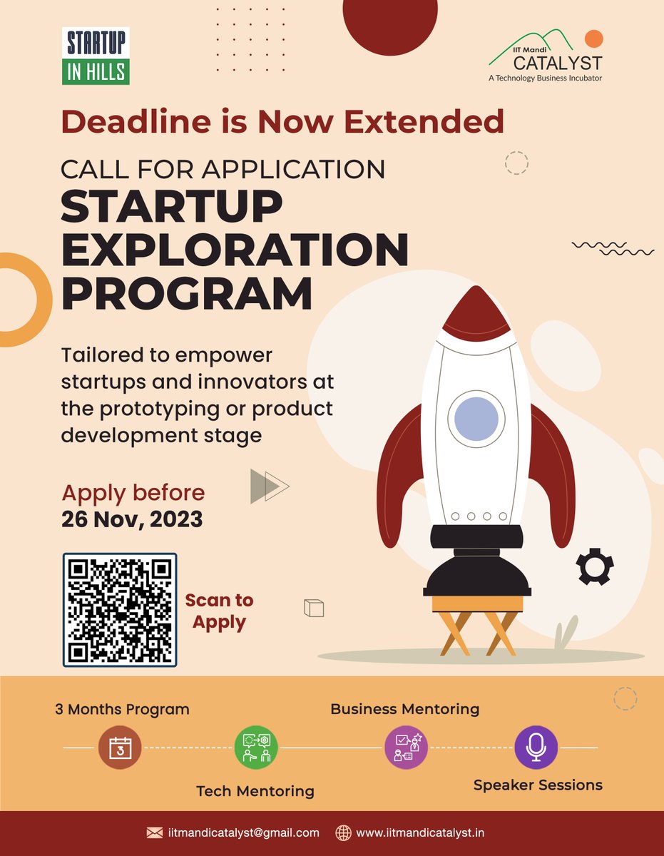 iitmndicatalyst's tweet photo. Did you miss the deadline?
We have great news for you, deadline has now been extended.
Apply Now!!  Startup Exploration Program.
📅 Last date to apply: November 26, 2023
To apply for the program, click on the following link: https://t.co/Dp62jJ39hX

#iitmandicatalyst #iitmandi https://t.co/sYNzM2kzI1