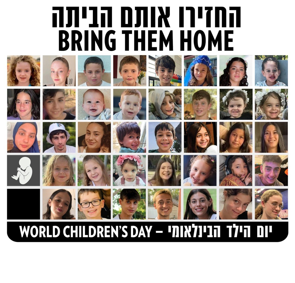 Look at each and every one of their faces. 

These are the babies, toddlers and children being held hostage by Hamas terrorists in Gaza. 

They should be with their families. 

Not in a dark room somewhere in Gaza. 

BRING THEM HOME!

#WorldChildrensDay #ForEveryChild