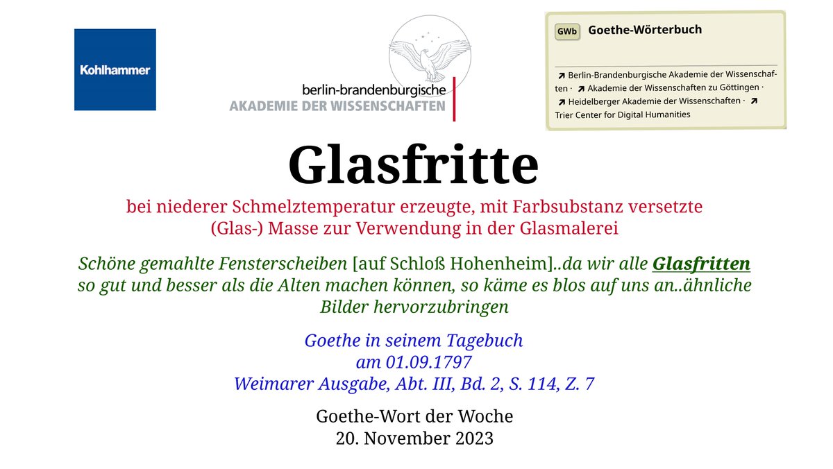 Goethe war für Vieles zu begeistern. Aber was hatte er mit 'Fritten' zu schaffen? Noch dazu mit 'Glasfritten'? Wie man sich (auch mit Rücksicht auf die Zähne) denken kann, sind hier keine Kartoffeln beteiligt: woerterbuchnetz.de/GWB/Glasfritte #GoetheWortderWoche #GWb #GoethesWortuniversum
