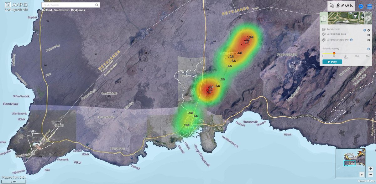 Last 6 hours eqs are focussed in 2 clusters, aligned over the dike intrusion: Hagafell and Stora Skogfell map.is/base/@330719,3…