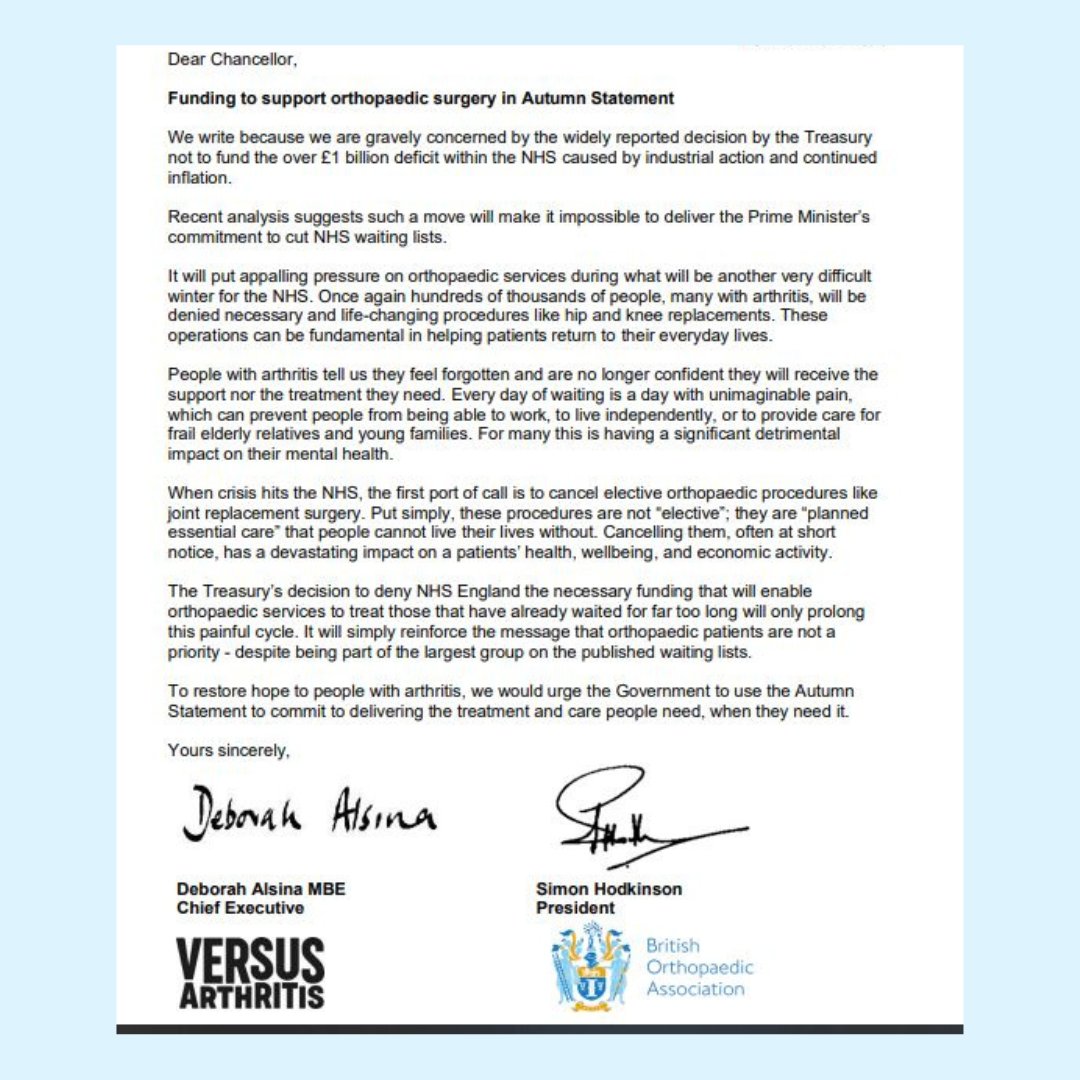 BOA (@britorthopaedic) on Twitter photo The BOA & <a href="/VersusArthritis/">Versus Arthritis</a> have written a joint open letter to the Chancellor, prior to Autumn Statement, urging Government to ensure that orthopaedic services are not ‘switched off’ over Winter. Read it here: boa.ac.uk/resource/fundi…
<a href="/Jeremy_Hunt/">Sir Jeremy Hunt MP</a> <a href="/NHSuk/">NHS</a> #SavePlannedEssentialCare The BOA & <a href="/VersusArthritis/">Versus Arthritis</a> have written a joint open letter to the Chancellor, prior to Autumn Statement, urging Government to ensure that orthopaedic services are not ‘switched off’ over Winter. Read it here: boa.ac.uk/resource/fundi…
<a href="/Jeremy_Hunt/">Sir Jeremy Hunt MP</a> <a href="/NHSuk/">NHS</a> #SavePlannedEssentialCare