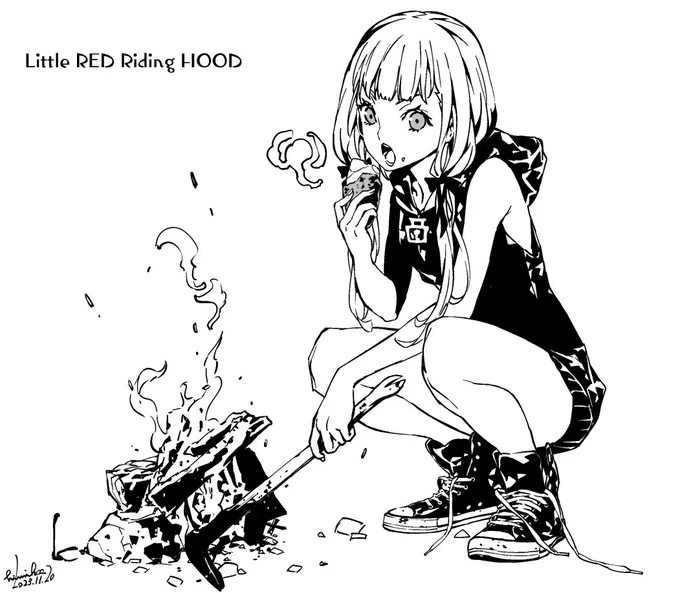 【いい太ももの日♡】
描いてみたら太ももと言うより
焼き芋🍠食べてるだけの絵になったった
久しぶりに赤ずきん描いたですわ♪
 #いいふとももの日   #シノアリス 