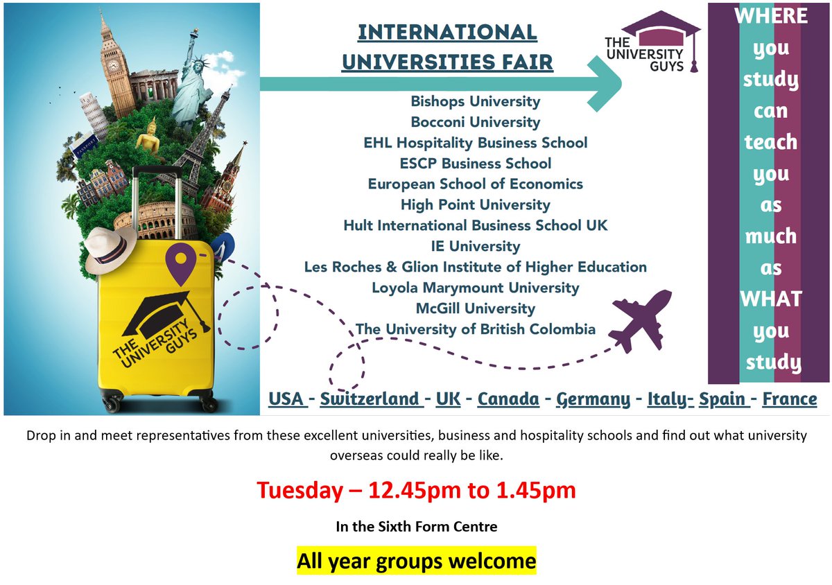 Sixth Form (@ksbsixthform) on Twitter photo 🇺🇸🇨🇦🇬🇧🇨🇭🇩🇪🇮🇹🇪🇸🇫🇷 We are excited to be welcoming an amazing set of international universities and business & hospitality schools to <a href="/KingsBruton/">King's Bruton</a> tomorrow, to speak to pupils & parents about opportunities to study in their countries and at their unis. <a href="/UniGuyDavid/">David Hawkins</a> #KSBSixthForm 🇺🇸🇨🇦🇬🇧🇨🇭🇩🇪🇮🇹🇪🇸🇫🇷 We are excited to be welcoming an amazing set of international universities and business & hospitality schools to <a href="/KingsBruton/">King's Bruton</a> tomorrow, to speak to pupils & parents about opportunities to study in their countries and at their unis. <a href="/UniGuyDavid/">David Hawkins</a> #KSBSixthForm