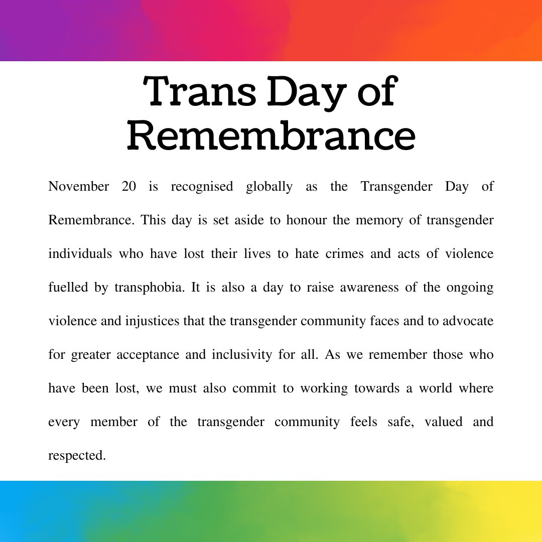 November 20 is recognised globally as the Transgender Day of Remembrance. This day is set aside to honour the memory of transgender individuals who have lost their lives to hate crimes and acts of violence fuelled by transphobia. #Transgenderindividuals #Hatecrimes #lgbt #lgbtq