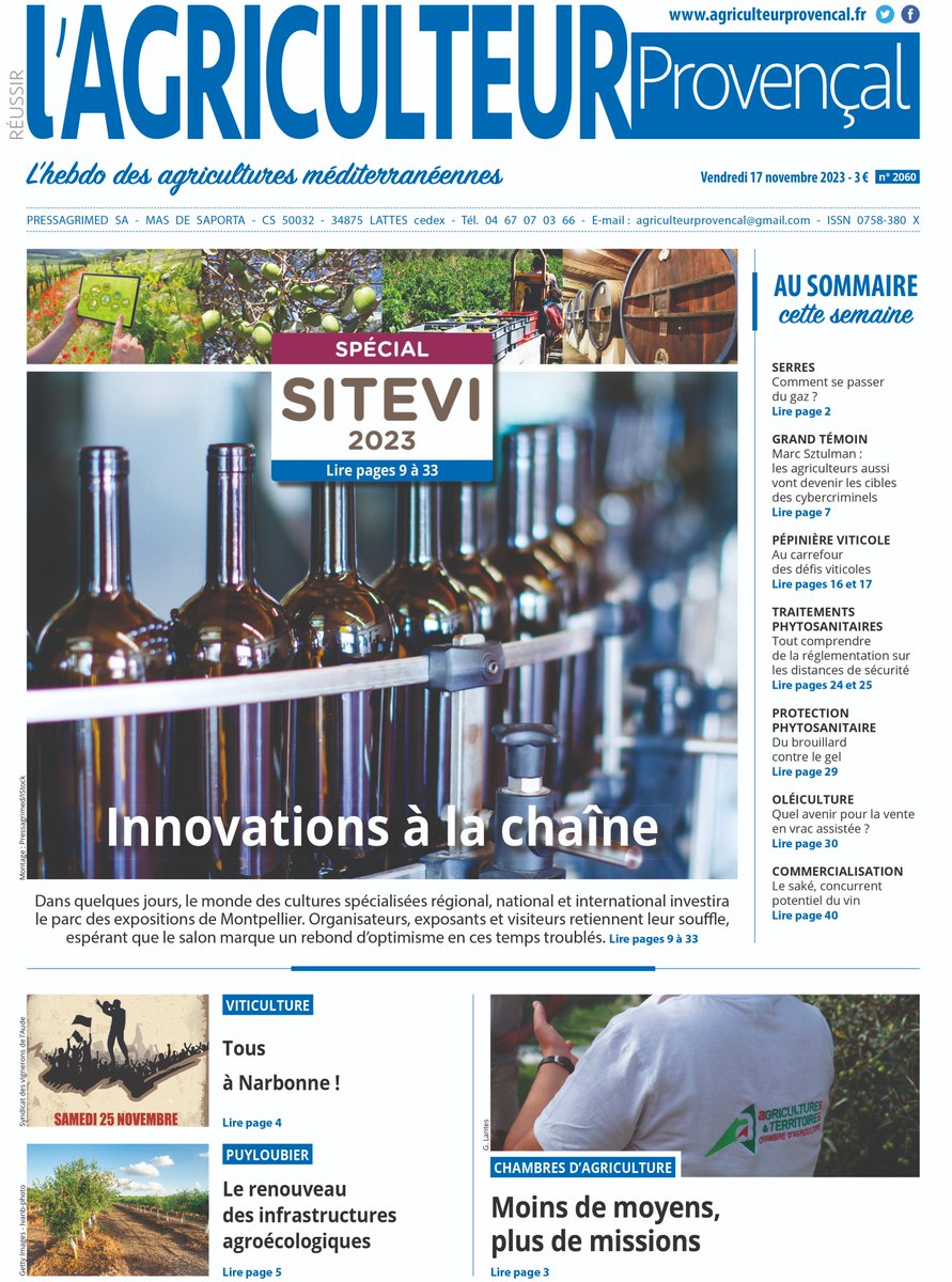 Dans <a href="/AgriProv/">AgriculteurProvençal</a> notre édition #SITEVI mais
aussi notre grand témoin sur l'agriculture cible des cybercriminels,  <a href="/Agri13/">nomura</a> qui s’inquiète de la hausse de la fiscalité, le sud viticole qui se mobilise ou encore les haies dans le vignoble pressagrimed.fr