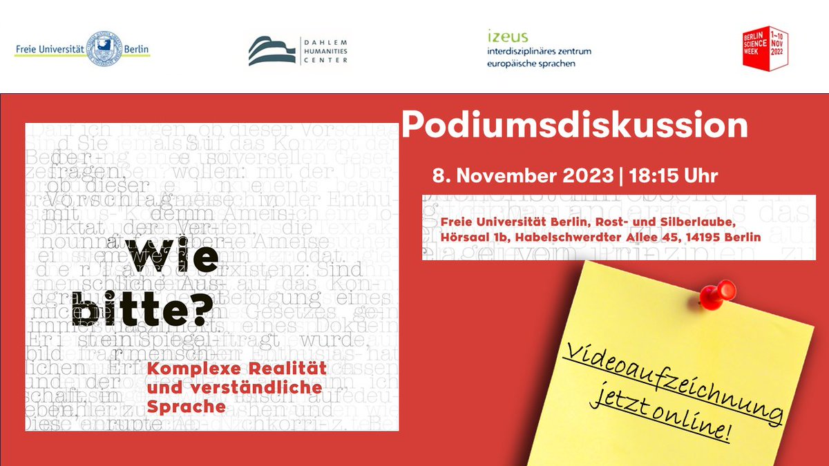 Jetzt online: Die Aufzeichnung der Podiumsdiskussion "Wie bitte? - Komplexe Realität und verständliche Sprache" befindet sich jetzt in unserer Videothek! 📽️tinyurl.com/mswmfv9d