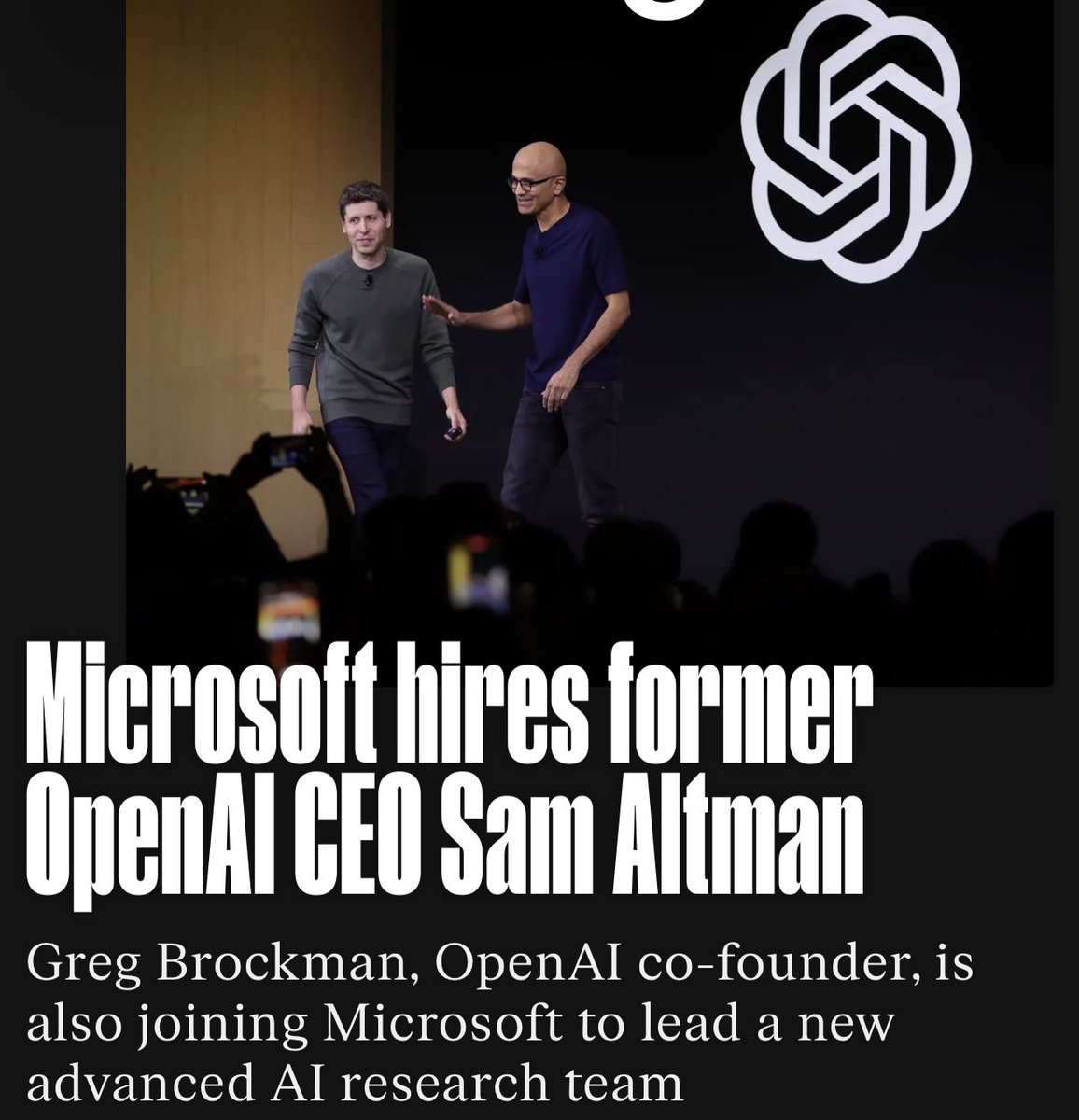 DFintelligence's tweet photo. Omg !!!! L’ultra plot twist final digne des plus grands mangas !!! 
Microsoft recrute Sam Altman comme nouveau CEO d’une nouvelle équipe dédiée à l’IA !!! 

Le mouvement a 1h du matin du côté de San Francisco pour espérer sauver l’action de Microsoft à l’ouverture des marchés !!!!!!!