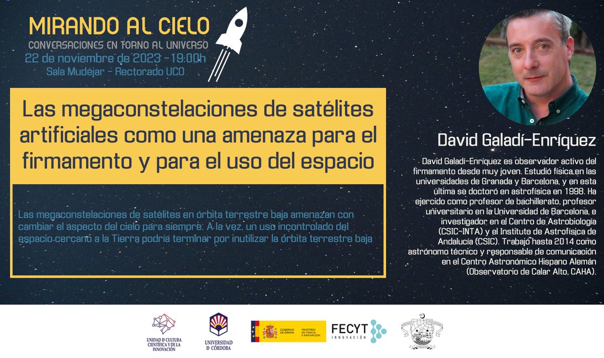 🗣️David Galadí es el protagonista de #MirandoAlCielo🚀esta semana

✨Nos hablará sobre las megaconstelaciones de satélites artificiales y qué implican en el uso del espacio 

📆Miércoles 22 a las 19h <a href="/Astrocordoba/">Astrocórdoba</a> <a href="/Univcordoba/">Universidad Córdoba</a>