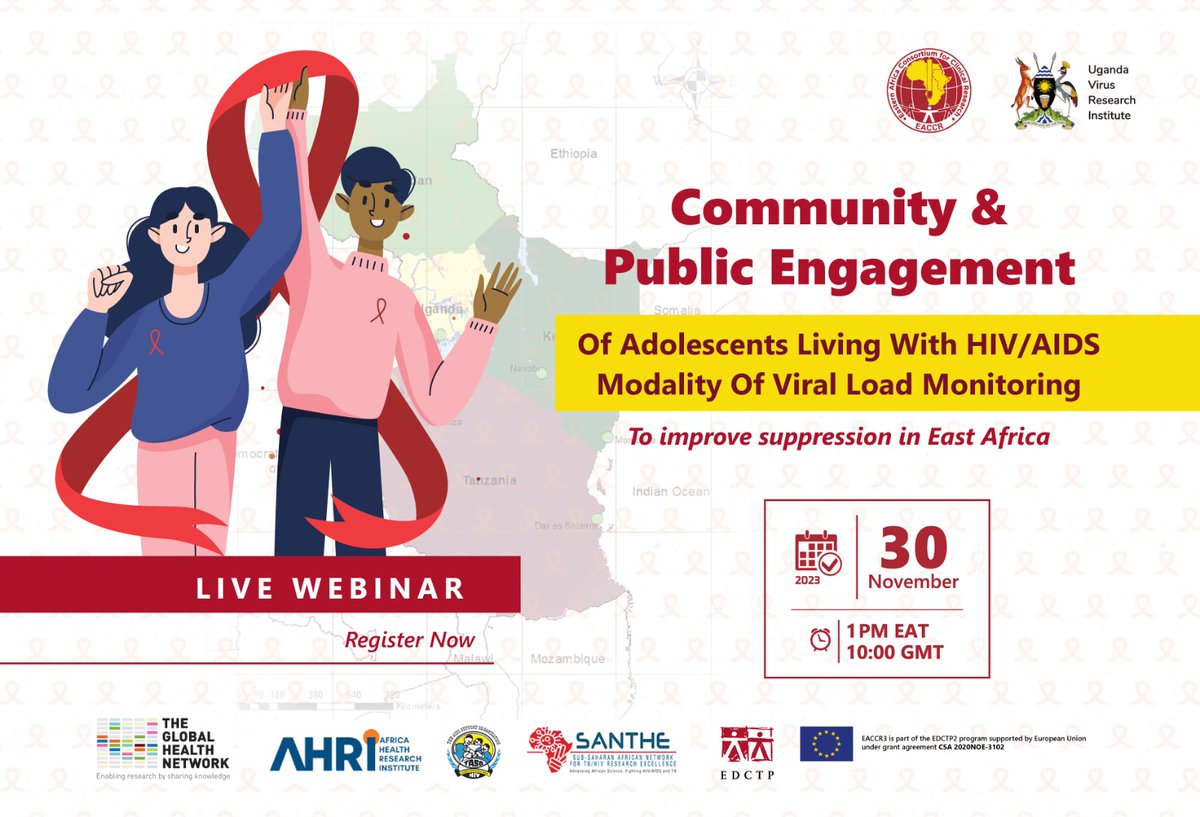 Register for the webinar: Community and Public Engagement of Adolescents Living with HIV/AIDS on the modality of viral load monitoring to Improve Suppression in East Africa.
zoom.us/webinar/regist…